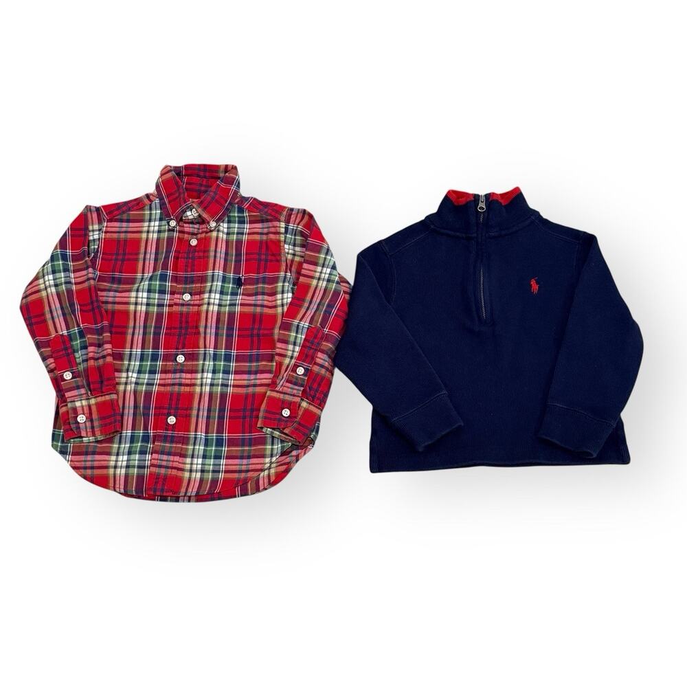 Polo Ralph Lauren Toddler Boy 2T Navy 1/4 Zip Pullover Red Plaid Button Up Shirt